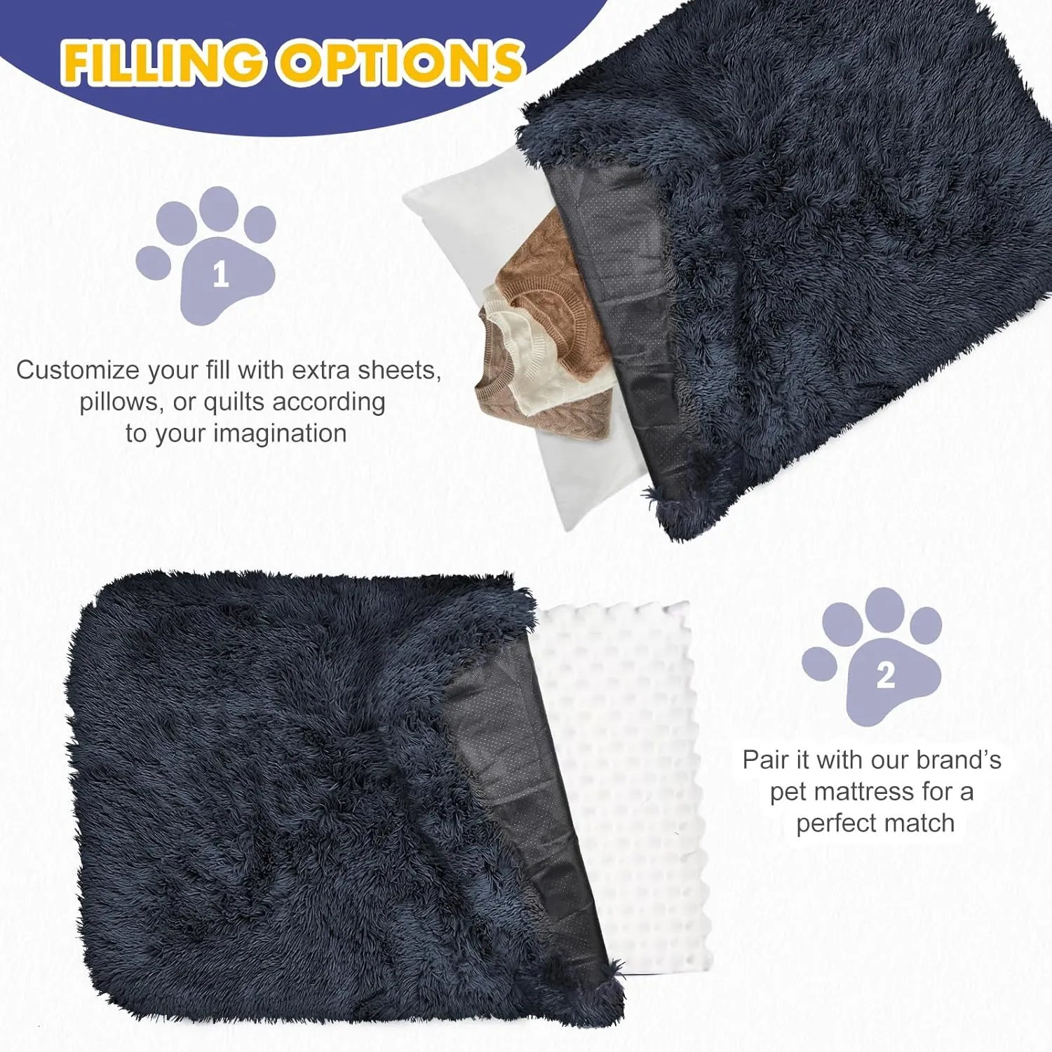 Calming Dog Bed Cover - Washable Large Fluffy Plush Replacement, Waterproof Dog Bed Liner, Pet Bed Cover with Zipper 35x23x3.5 Inches, Black, Cover Only