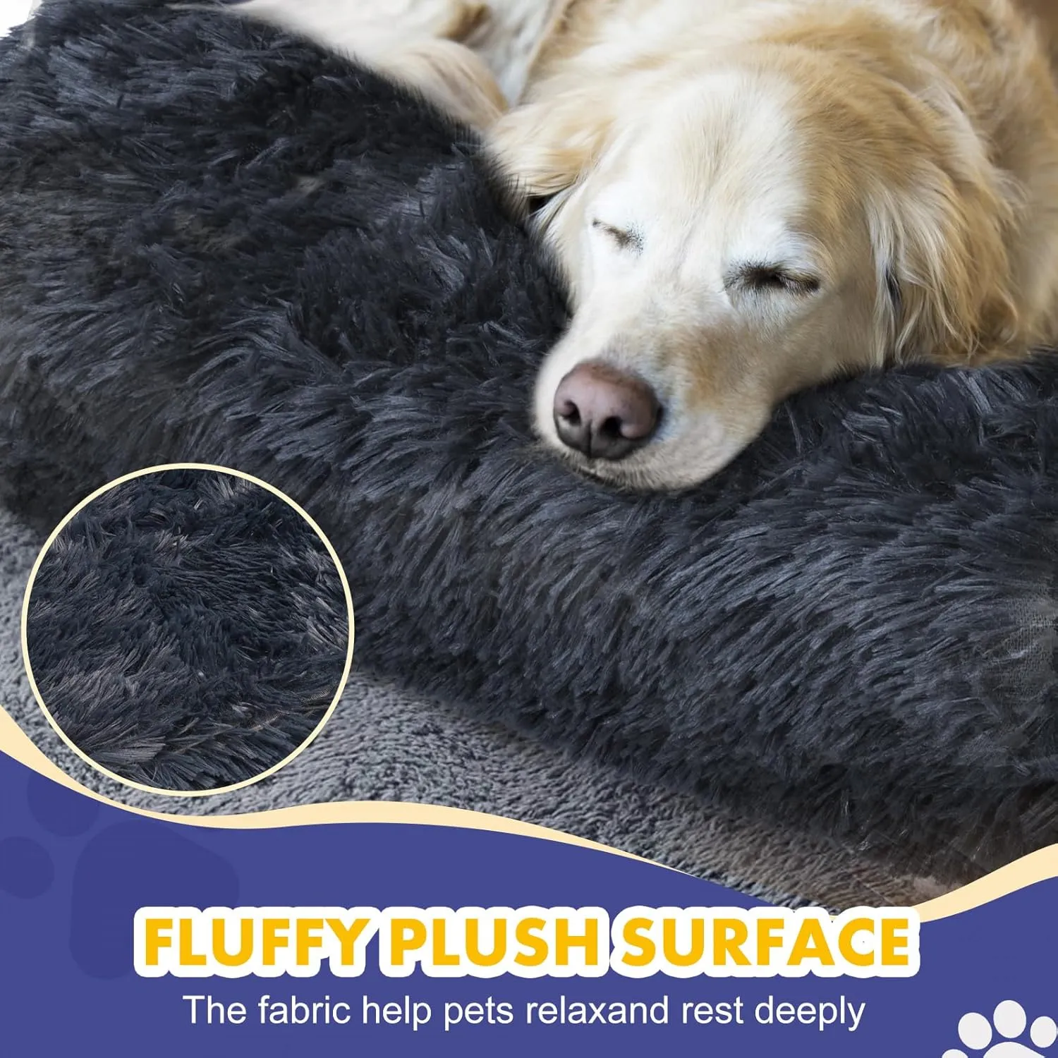 Calming Dog Bed Cover - Washable Large Fluffy Plush Replacement, Waterproof Dog Bed Liner, Pet Bed Cover with Zipper 35x23x3.5 Inches, Black, Cover Only