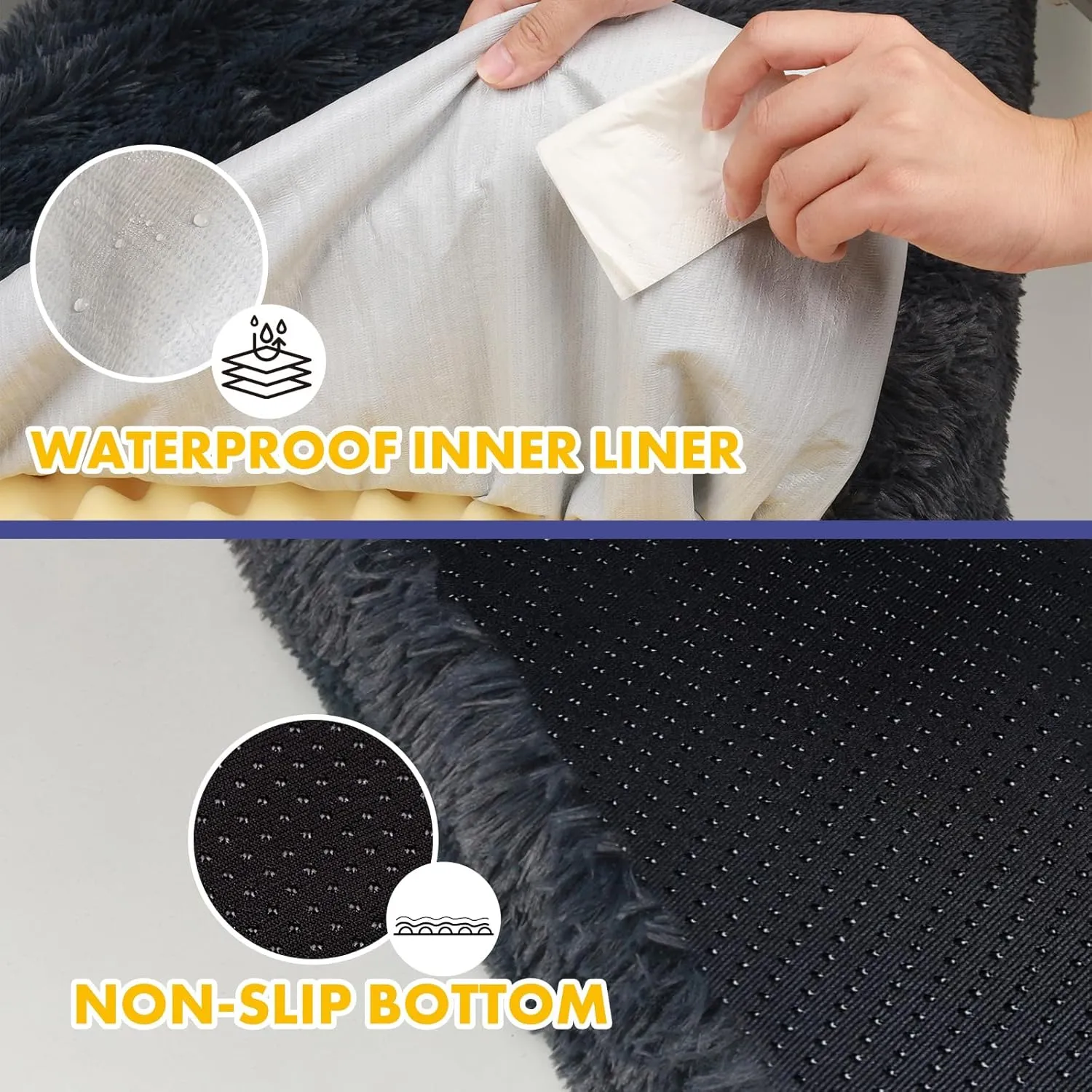 Calming Dog Bed Cover - Washable Large Fluffy Plush Replacement, Waterproof Dog Bed Liner, Pet Bed Cover with Zipper 35x23x3.5 Inches, Black, Cover Only
