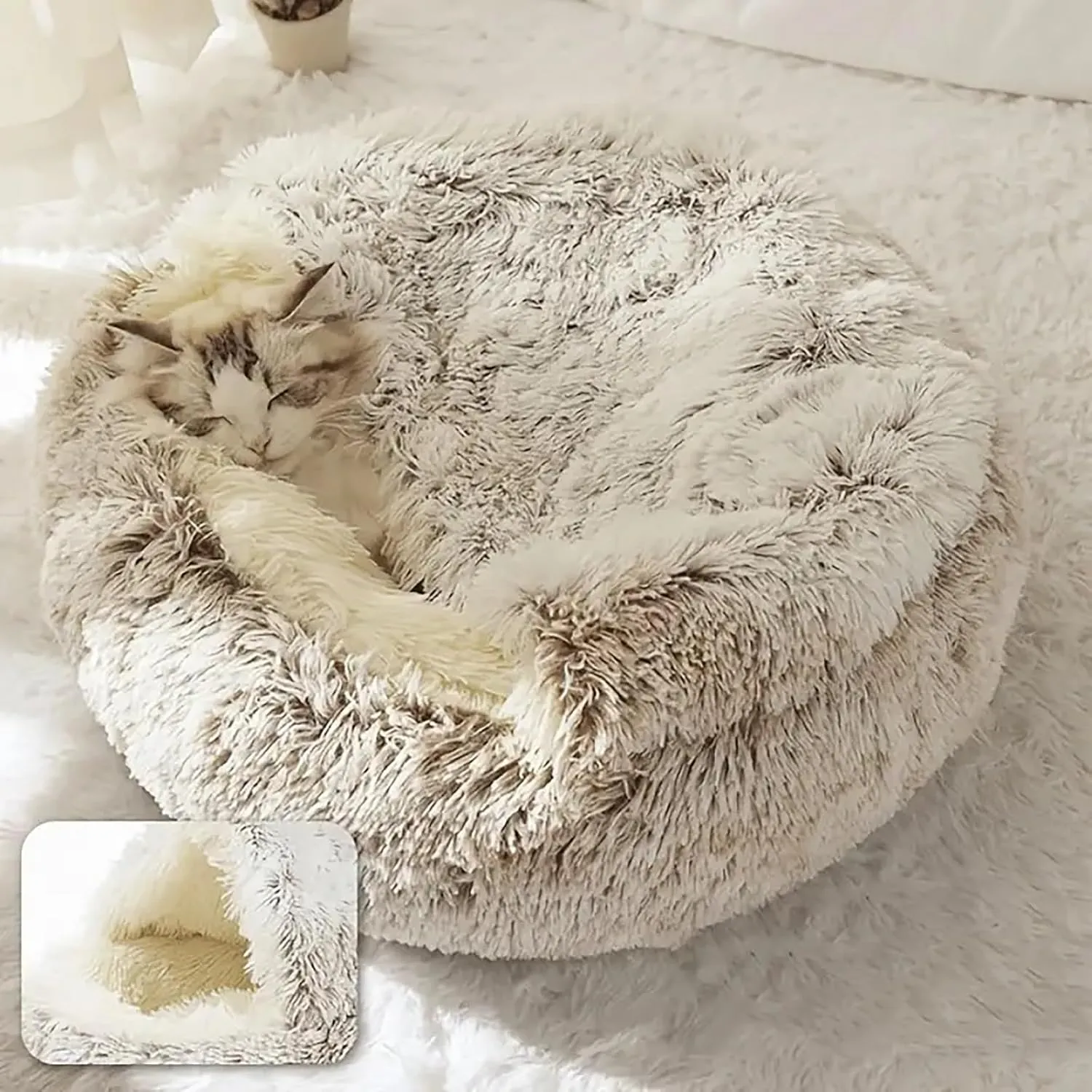 Calming Dog Bed Fluffy Plush Pet Bed Donut Cuddler Nest Warm Soft Plush Dog Cat Cushion with Cozy Sponge Non-Slip Bottom Washable Anti Anxiety Small Medium Dog Bed with Cave