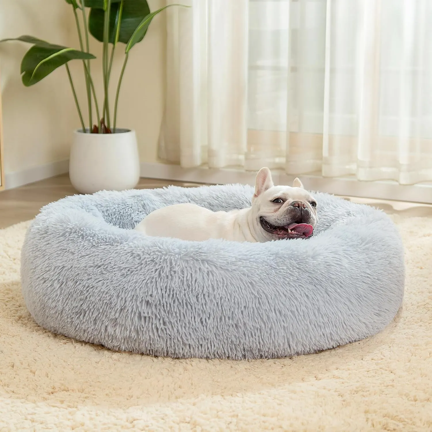 Calming Dog Bed for Medium Dogs, 30 inches Anti-Slip Round Fluffy Plush Faux Fur Medium Pet Bed, Donut Washable Cat Bed, Fits up to 45 lbs Pets, Gray