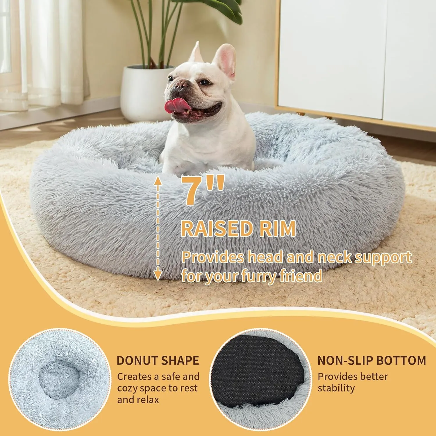 Calming Dog Bed for Medium Dogs, 30 inches Anti-Slip Round Fluffy Plush Faux Fur Medium Pet Bed, Donut Washable Cat Bed, Fits up to 45 lbs Pets, Gray