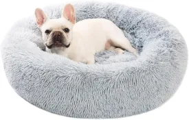 Calming Dog Bed for Medium Dogs, 30 inches Anti-Slip Round Fluffy Plush Faux Fur Medium Pet Bed, Donut Washable Cat Bed, Fits up to 45 lbs Pets, Gray