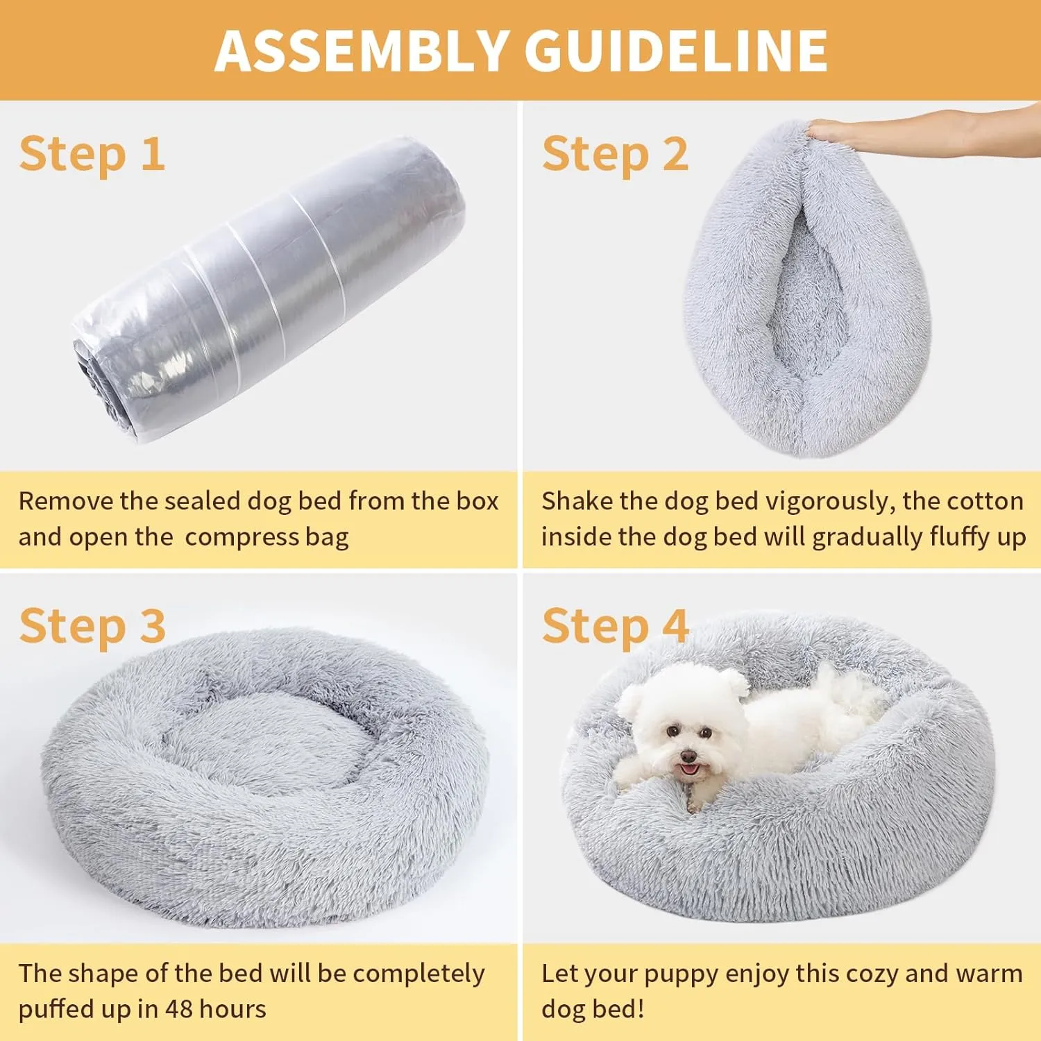 Calming Dog Bed for Medium Dogs, 30 inches Anti-Slip Round Fluffy Plush Faux Fur Medium Pet Bed, Donut Washable Cat Bed, Fits up to 45 lbs Pets, Gray