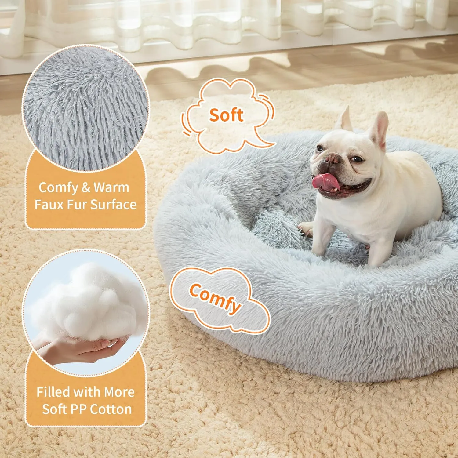Calming Dog Bed for Medium Dogs, 30 inches Anti-Slip Round Fluffy Plush Faux Fur Medium Pet Bed, Donut Washable Cat Bed, Fits up to 45 lbs Pets, Gray