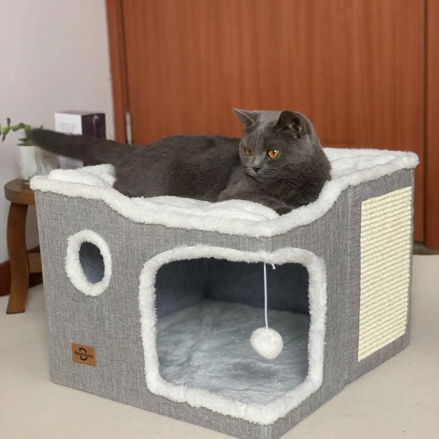 Cat Bed for Indoor Cats,Covered Cat Cave House & Furniture with Scratch Pad,Foldable Cat Hideaway Hut Cute Cat Condo with Soft Washable Mat for Multi Small Pet Under 30 lbs,Light Grey