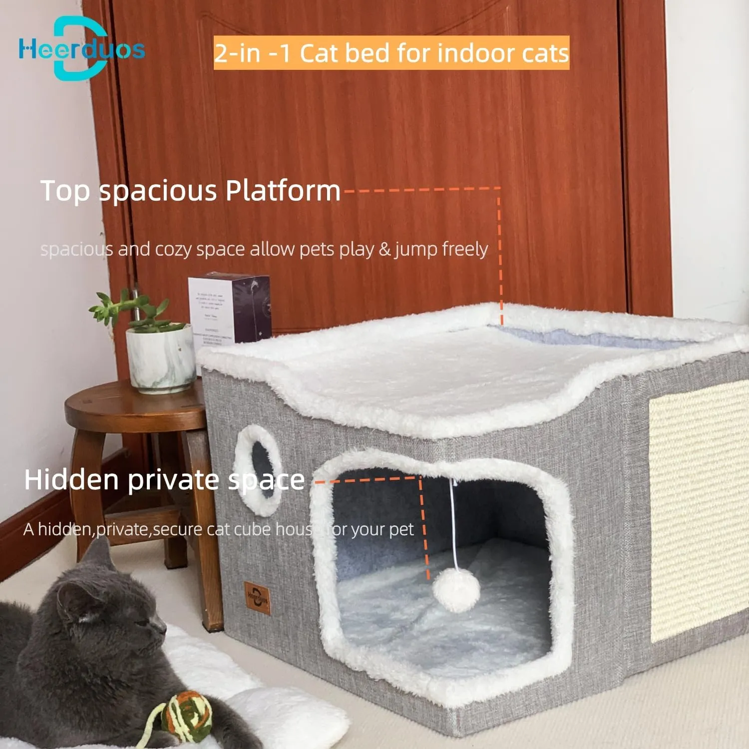 Cat Bed for Indoor Cats,Covered Cat Cave House & Furniture with Scratch Pad,Foldable Cat Hideaway Hut Cute Cat Condo with Soft Washable Mat for Multi Small Pet Under 30 lbs,Light Grey
