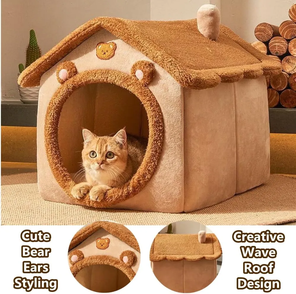 Cat Bed for Indoor Cats,Cozy Cat Cave Bed Cat House Cat Tent with Removable Cushion Pillow,Soft Warm Pet House Puppy Bed,Cute Bear Pet Nest for Cat Kitten Small Dogs (Brown, L-20.5x16.9x19.7 Inches)