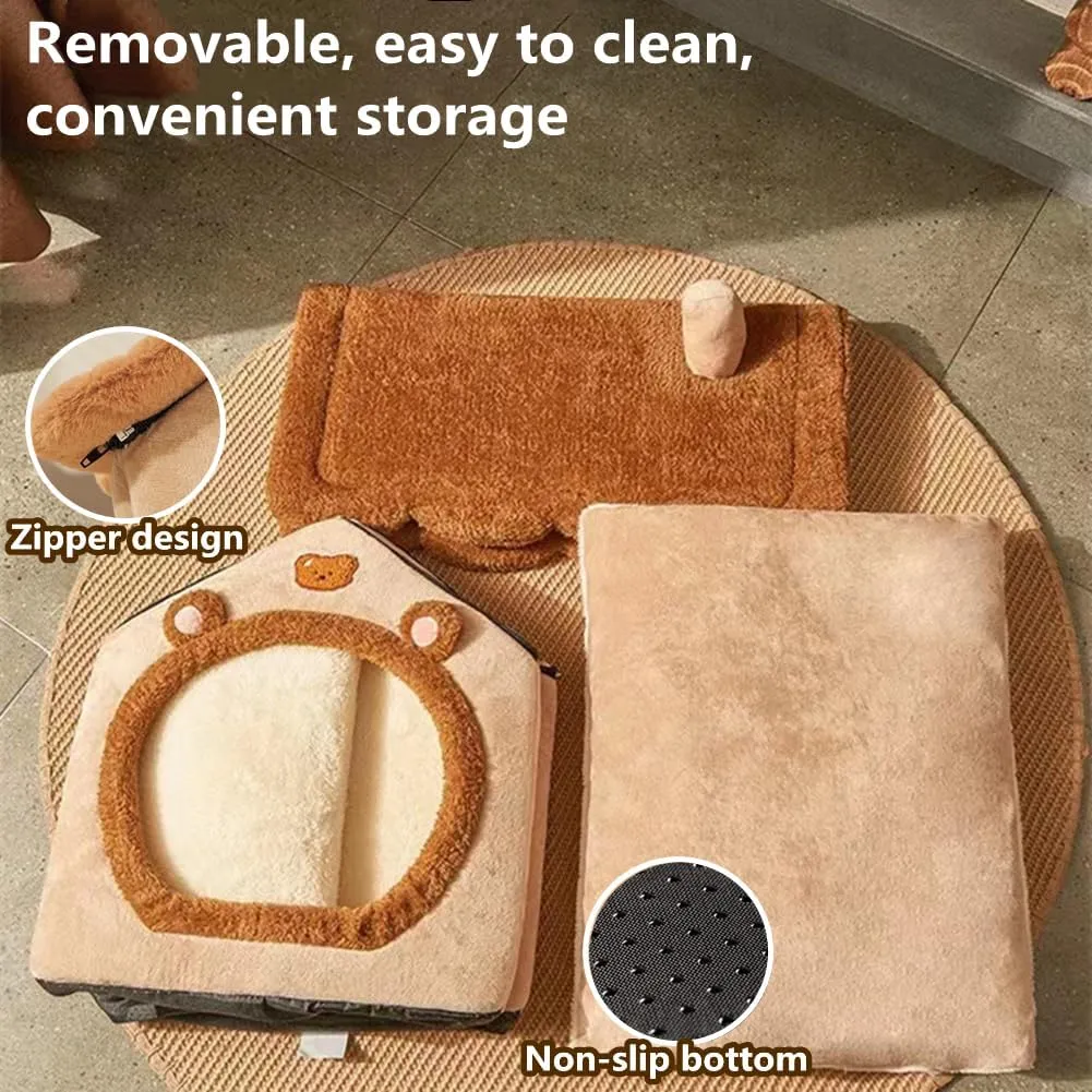 Cat Bed for Indoor Cats,Cozy Cat Cave Bed Cat House Cat Tent with Removable Cushion Pillow,Soft Warm Pet House Puppy Bed,Cute Bear Pet Nest for Cat Kitten Small Dogs (Brown, L-20.5x16.9x19.7 Inches)