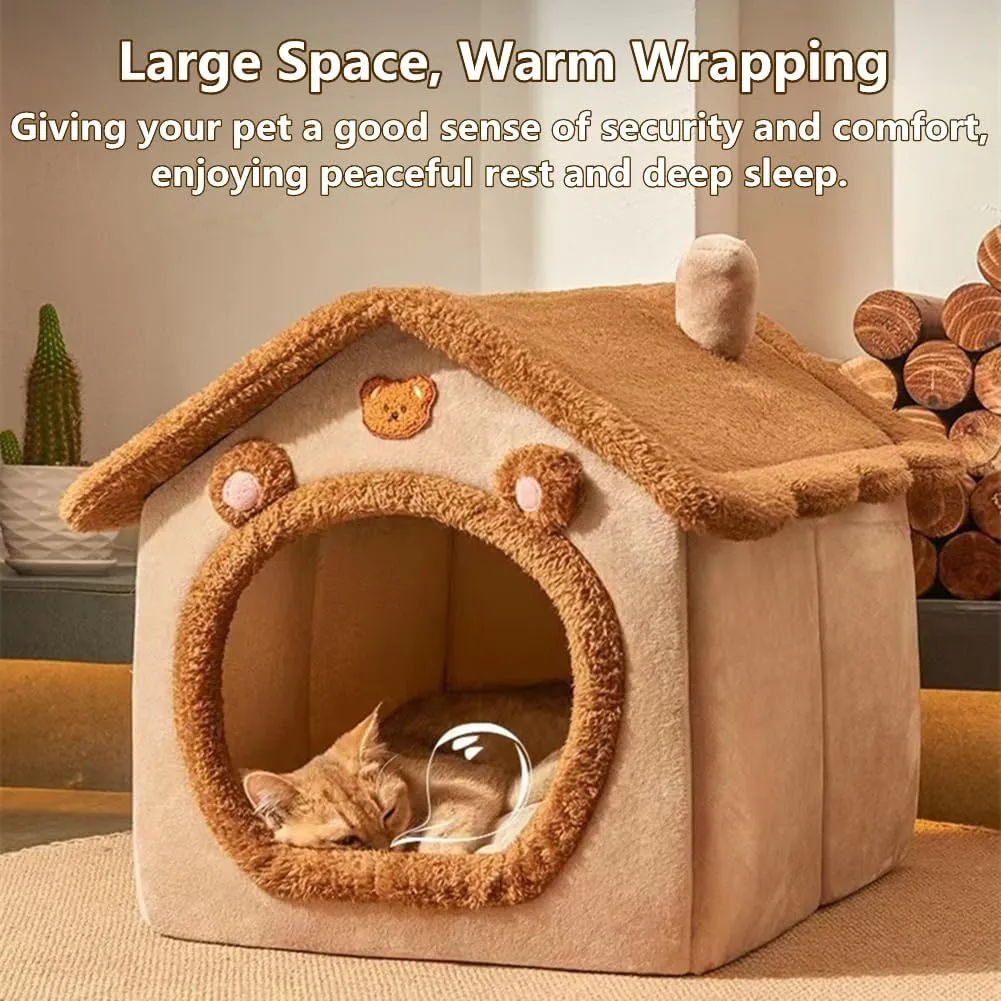 Cat Bed for Indoor Cats,Cozy Cat Cave Bed Cat House Cat Tent with Removable Cushion Pillow,Soft Warm Pet House Puppy Bed,Cute Bear Pet Nest for Cat Kitten Small Dogs (Brown, L-20.5x16.9x19.7 Inches)
