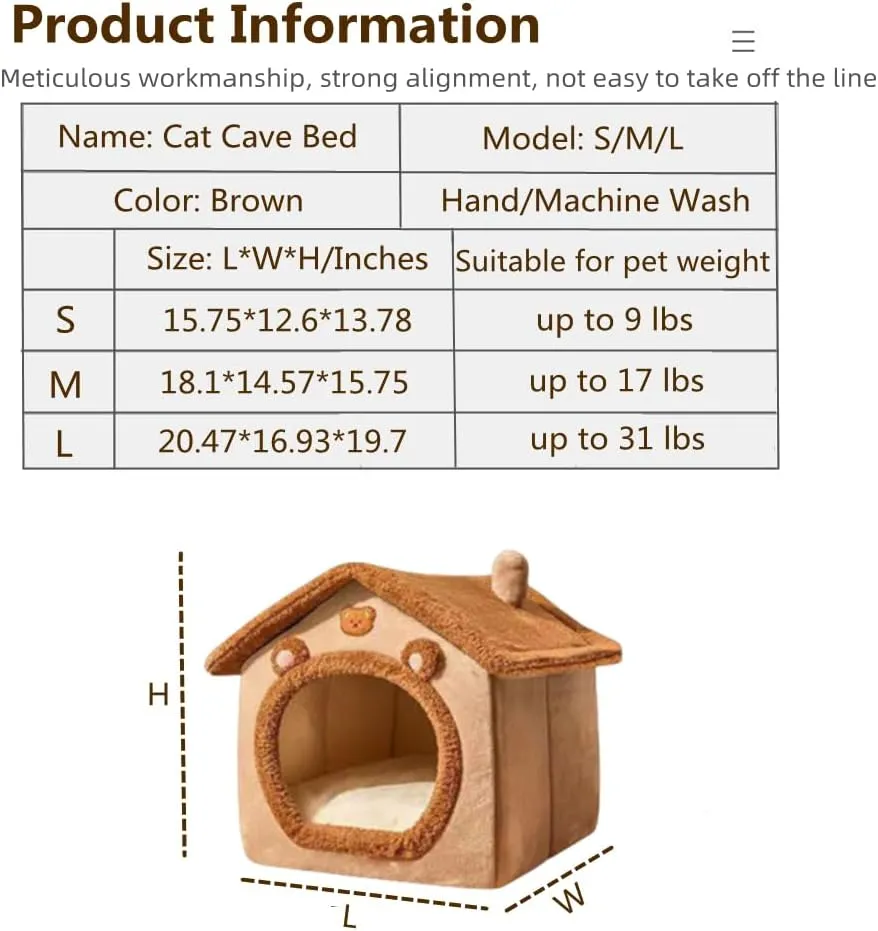 Cat Bed for Indoor Cats,Cozy Cat Cave Bed Cat House Cat Tent with Removable Cushion Pillow,Soft Warm Pet House Puppy Bed,Cute Bear Pet Nest for Cat Kitten Small Dogs (Brown, L-20.5x16.9x19.7 Inches)