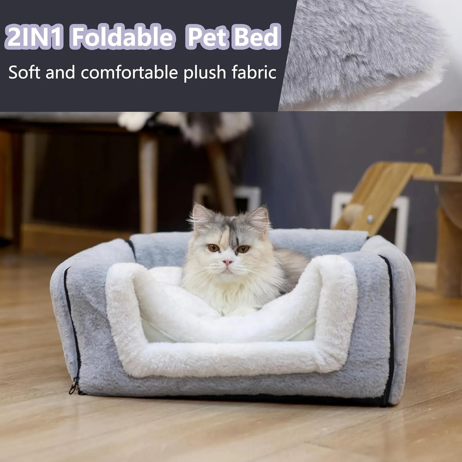 Cat Bed for Indoor CatsFoldable cat caveAnti-Slip & Water-Resistant Bottomcat Houses for Indoor Cats or Small Dogs, Kitten Tent, Rabbit Bed2 in 1 pet Bed (Grey)