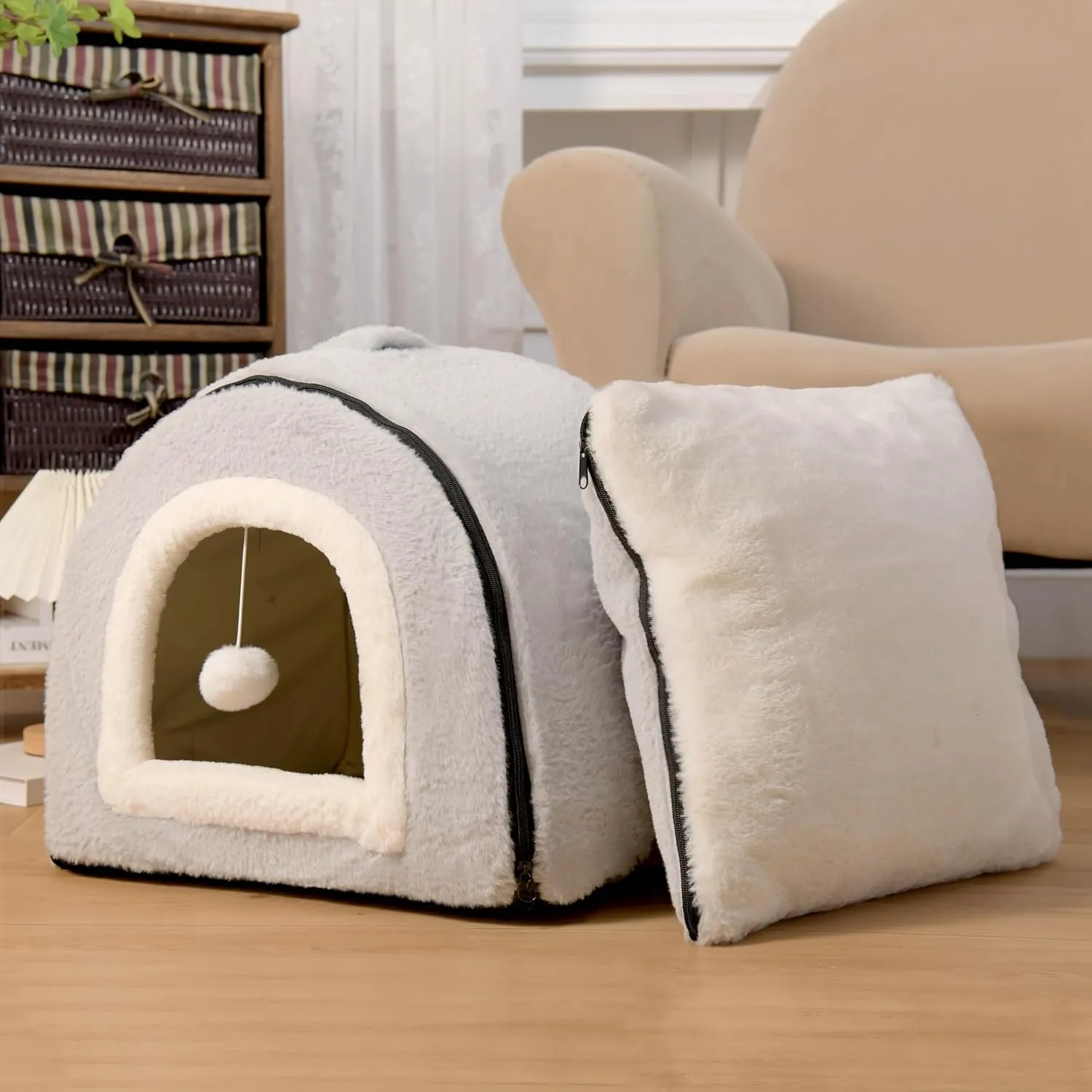 Cat Bed for Indoor CatsFoldable cat caveAnti-Slip & Water-Resistant Bottomcat Houses for Indoor Cats or Small Dogs, Kitten Tent, Rabbit Bed2 in 1 pet Bed (Grey)