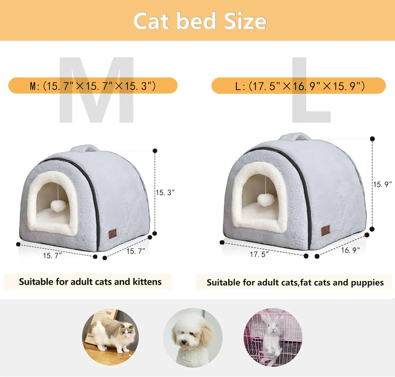 Cat Bed for Indoor CatsFoldable cat caveAnti-Slip & Water-Resistant Bottomcat Houses for Indoor Cats or Small Dogs, Kitten Tent, Rabbit Bed2 in 1 pet Bed (Grey)