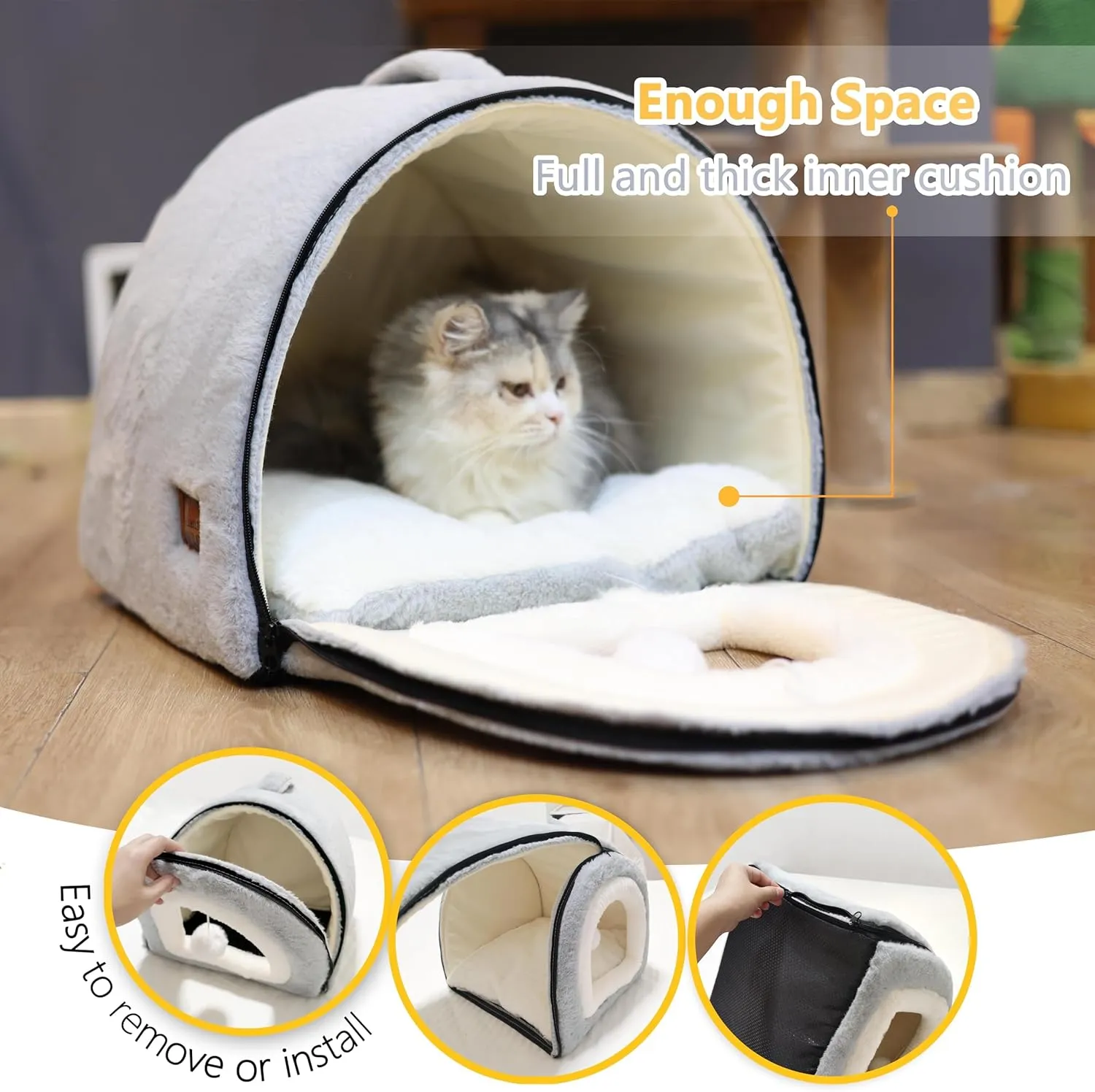 Cat Bed for Indoor CatsFoldable cat caveAnti-Slip & Water-Resistant Bottomcat Houses for Indoor Cats or Small Dogs, Kitten Tent, Rabbit Bed2 in 1 pet Bed (Grey)