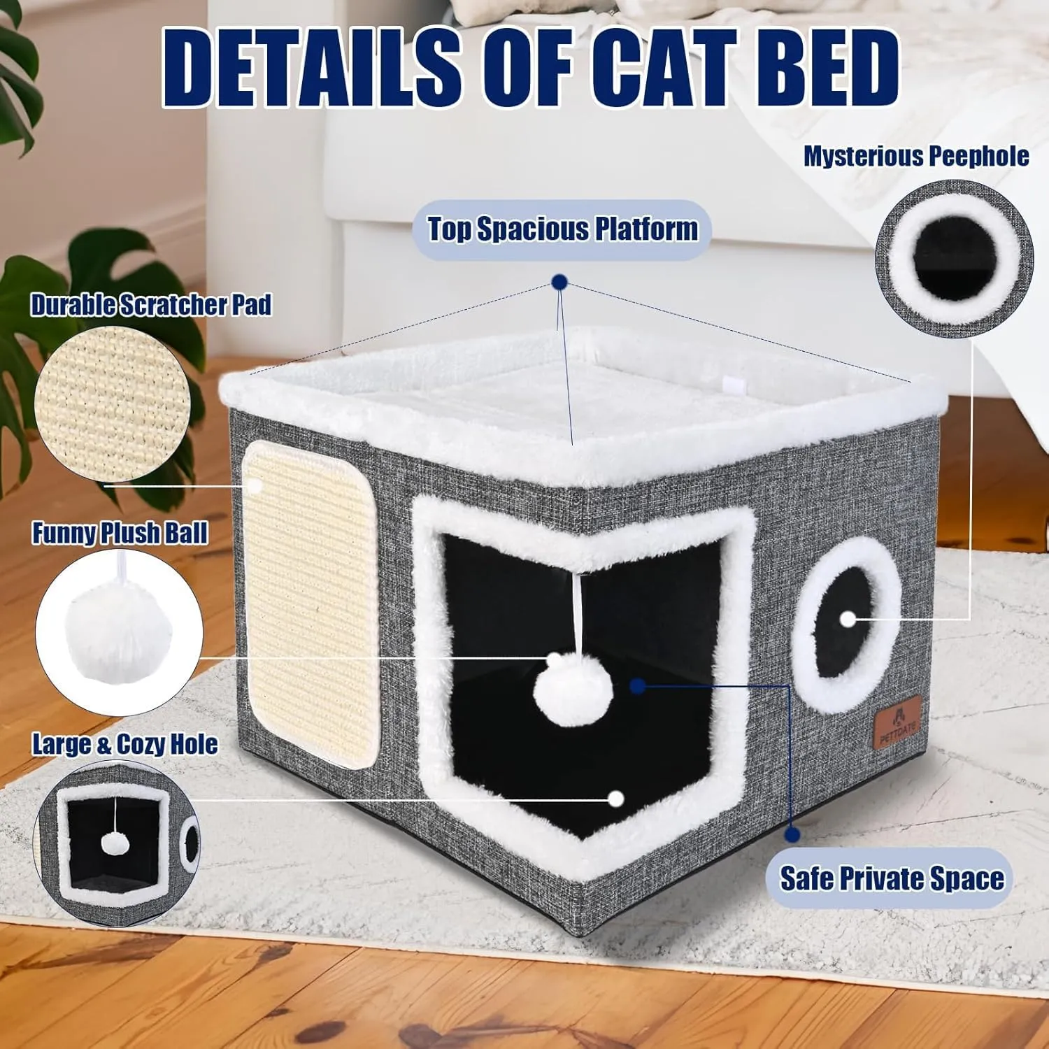Cat Beds for Indoor Cats, Large Cat Cave Bed with Scratch Pad and Fluffy Ball, Foldable Cat Hideaway, Cat House with Reversible Cushion for Multi Small Pet Up to 30LBS, Grey