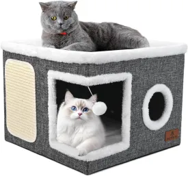 Cat Beds for Indoor Cats, Large Cat Cave Bed with Scratch Pad and Fluffy Ball, Foldable Cat Hideaway, Cat House with Reversible Cushion for Multi Small Pet Up to 30LBS, Grey