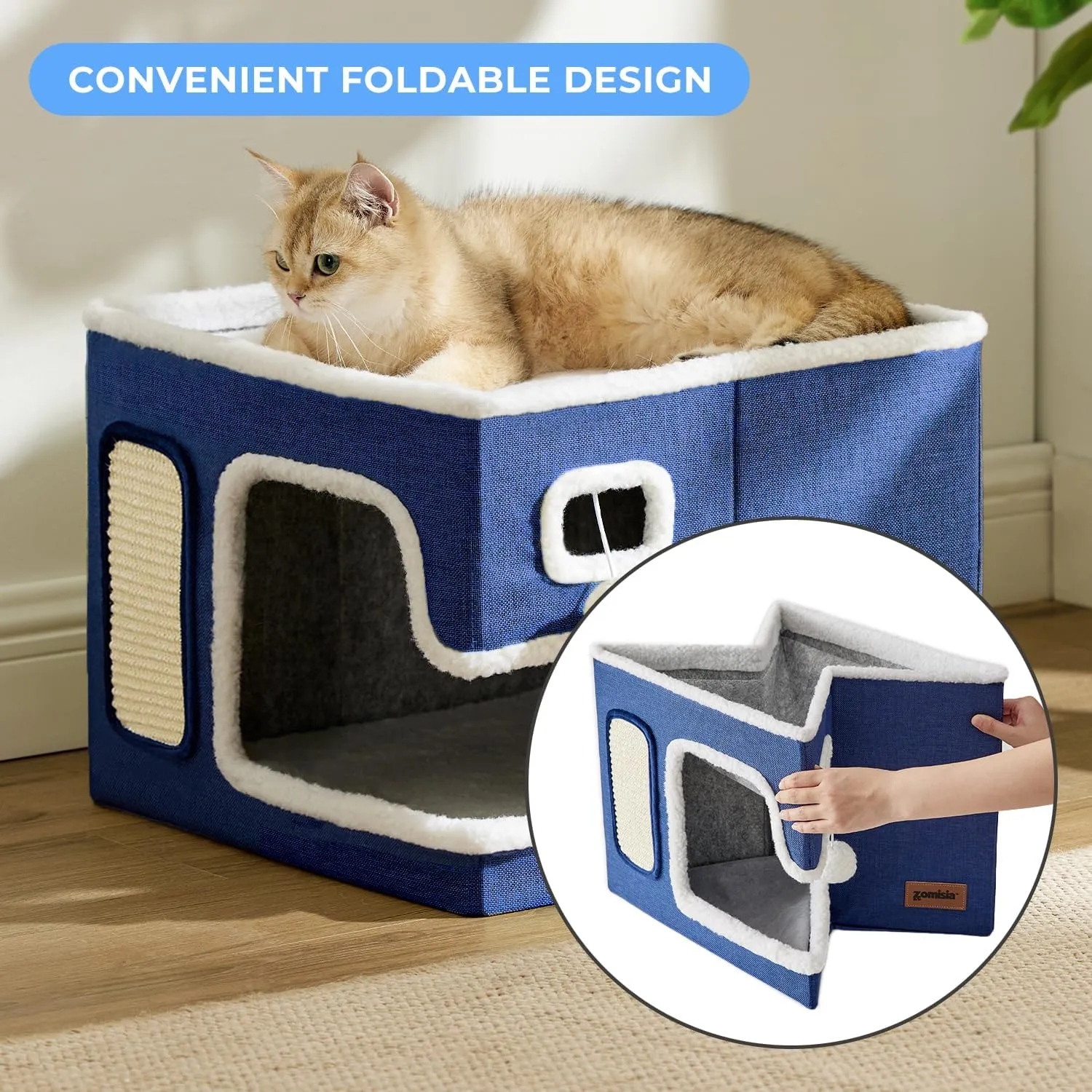 Cat Beds for Indoor Cats - Large Cat House for Pet with Fluffy Ball Hanging and Scratch Pad, Foldable Cat Hideaway,16.5x16.5x13 inches, Green