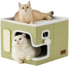 Cat Beds for Indoor Cats - Large Cat House for Pet with Fluffy Ball Hanging and Scratch Pad, Foldable Cat Hideaway,16.5x16.5x13 inches, Green