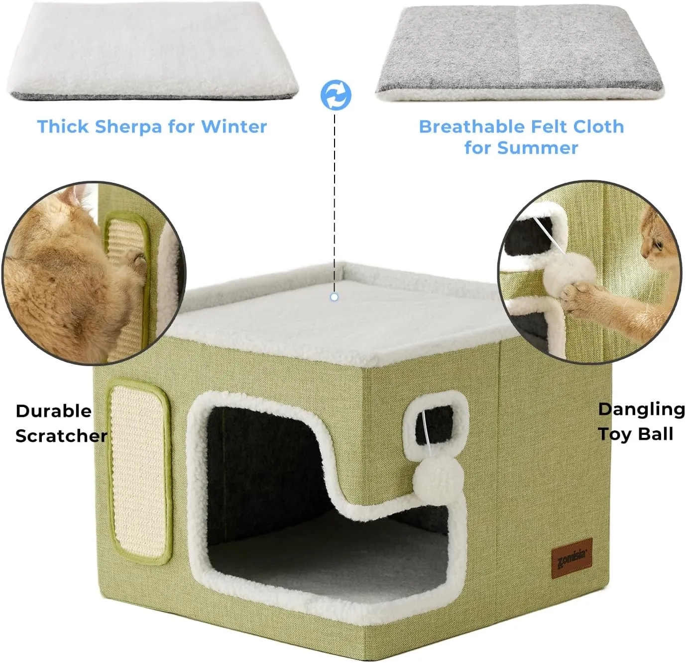 Cat Beds for Indoor Cats - Large Cat House for Pet with Fluffy Ball Hanging and Scratch Pad, Foldable Cat Hideaway,16.5x16.5x13 inches, Green