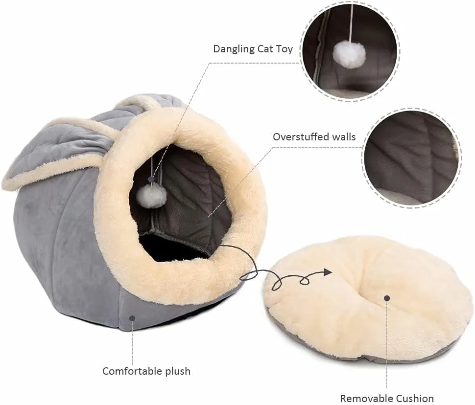 Cat Beds for Indoor Cats - Rabbit-Shaped Cat Cave Bed with Hanging Toy,Super Soft Calming Pet Bed for Kitten&Puppy,Small Dog,Warm Plush&Machine Washable&Removable Cotton Pad,Cat Hideaway(Grey M)