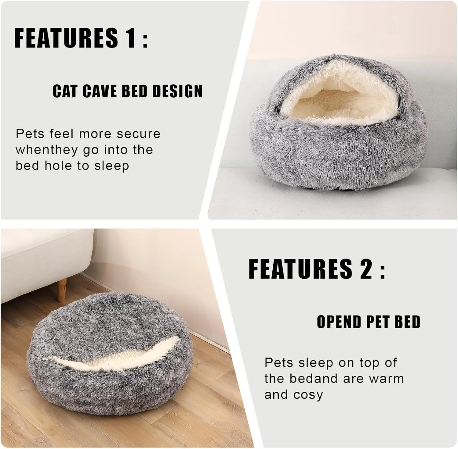 Cat Beds for Indoor Cats,Cat Cave for Puppy and Kitty,Calming Small Dog Bed for Small Dogs with Cover Cave,Cozy Warming Fluffy Washable Anti-Slip Pet Sleeping Bag (20 * 20inch,Grey)