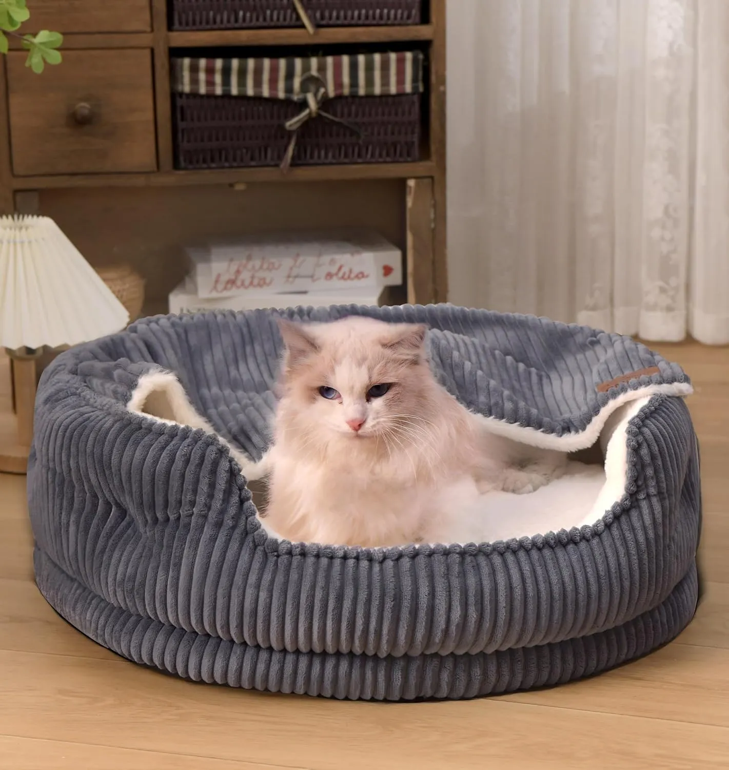 Cat Beds for Indoor Cats,with Soft Hooded Blanket.Comfortable Cute cat Bed,Removable Inner pad Washable with Non-Slip Bottom,Cozy KittenSmall Dog Bed (Dark Grey)