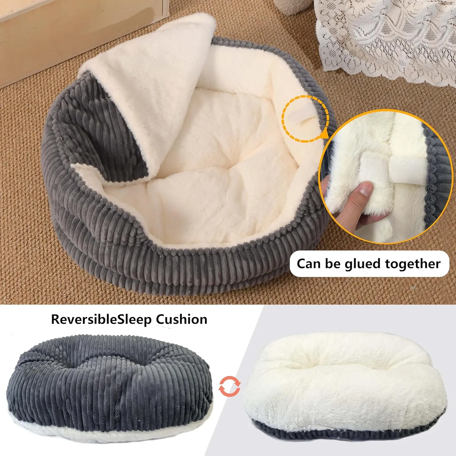 Cat Beds for Indoor Cats,with Soft Hooded Blanket.Comfortable Cute cat Bed,Removable Inner pad Washable with Non-Slip Bottom,Cozy KittenSmall Dog Bed (Dark Grey)
