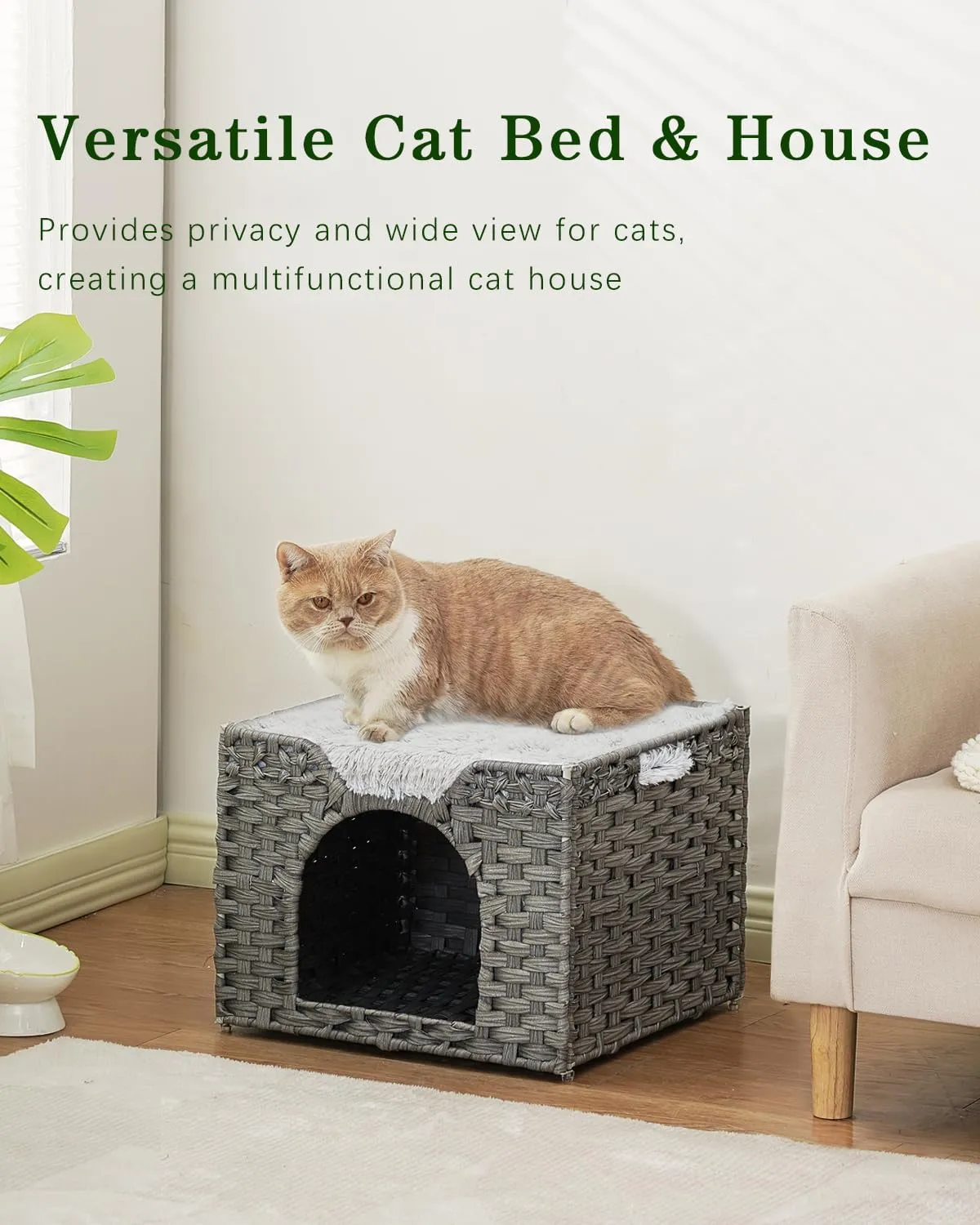 Cat Beds Indoor Kitten House, Handwoven Rattan Cat Cave Pet Cube, Large Cat Houses, One Bed Mat, Foldable, Hideaway, 16.5x16.5x13.2 Inches, 2 S-Shaped Hooks in Living Room Bedroom Gray