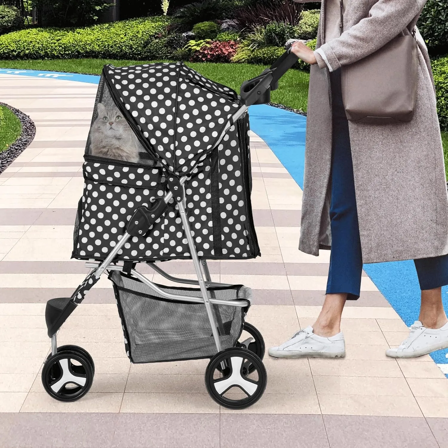 Cat Dog Stroller,3-Wheels Pet Stroller for Medium/Puppy Dogs 30 Lbs, Cat Strollers for 1 Cats, Foldable Dog Stroller with Storage Basket and Cup Holder, Breathable Mesh Black Polka Dots