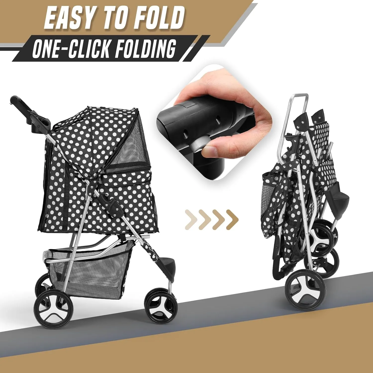 Cat Dog Stroller,3-Wheels Pet Stroller for Medium/Puppy Dogs 30 Lbs, Cat Strollers for 1 Cats, Foldable Dog Stroller with Storage Basket and Cup Holder, Breathable Mesh Black Polka Dots
