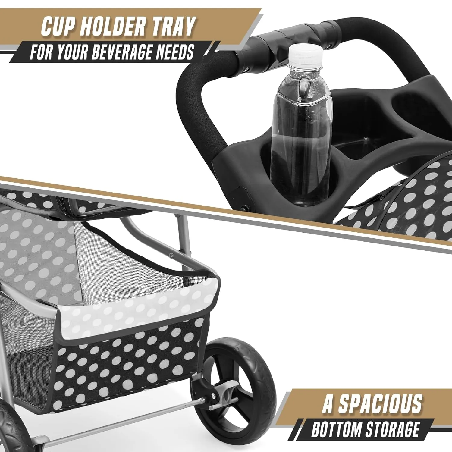 Cat Dog Stroller,3-Wheels Pet Stroller for Medium/Puppy Dogs 30 Lbs, Cat Strollers for 1 Cats, Foldable Dog Stroller with Storage Basket and Cup Holder, Breathable Mesh Black Polka Dots