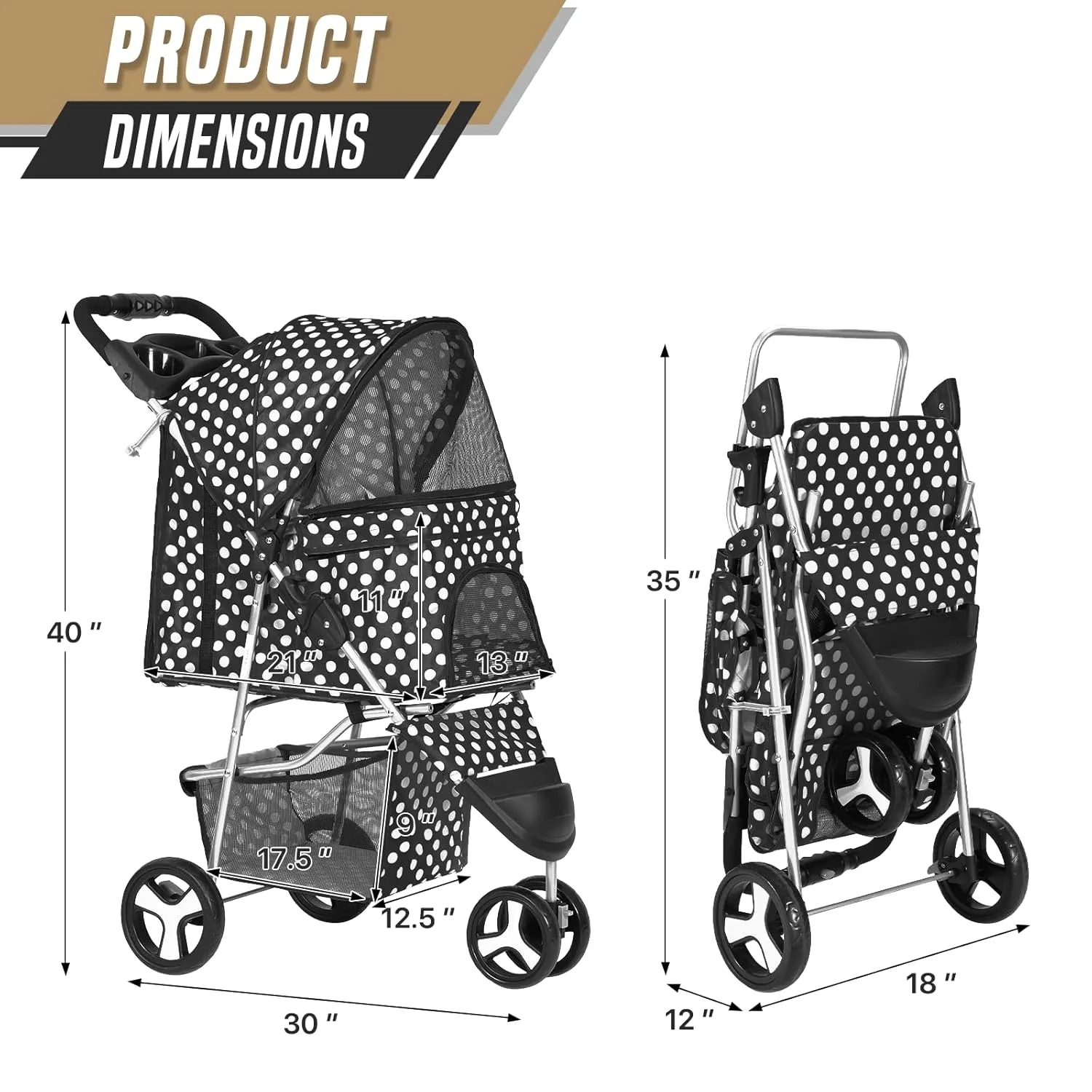 Cat Dog Stroller,3-Wheels Pet Stroller for Medium/Puppy Dogs 30 Lbs, Cat Strollers for 1 Cats, Foldable Dog Stroller with Storage Basket and Cup Holder, Breathable Mesh Black Polka Dots