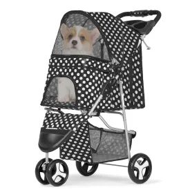Cat Dog Stroller,3-Wheels Pet Stroller for Medium/Puppy Dogs 30 Lbs, Cat Strollers for 1 Cats, Foldable Dog Stroller with Storage Basket and Cup Holder, Breathable Mesh Black Polka Dots
