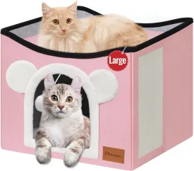 Cat House Cat Beds for Indoor Cats Large Foldable Multifunction Cat Cave for Pet with Hover Ball and Scratching Board(Pink, Large Cat House)