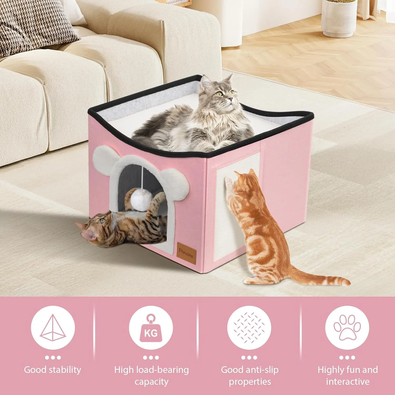Cat House Cat Beds for Indoor Cats Large Foldable Multifunction Cat Cave for Pet with Hover Ball and Scratching Board(Pink, Large Cat House)