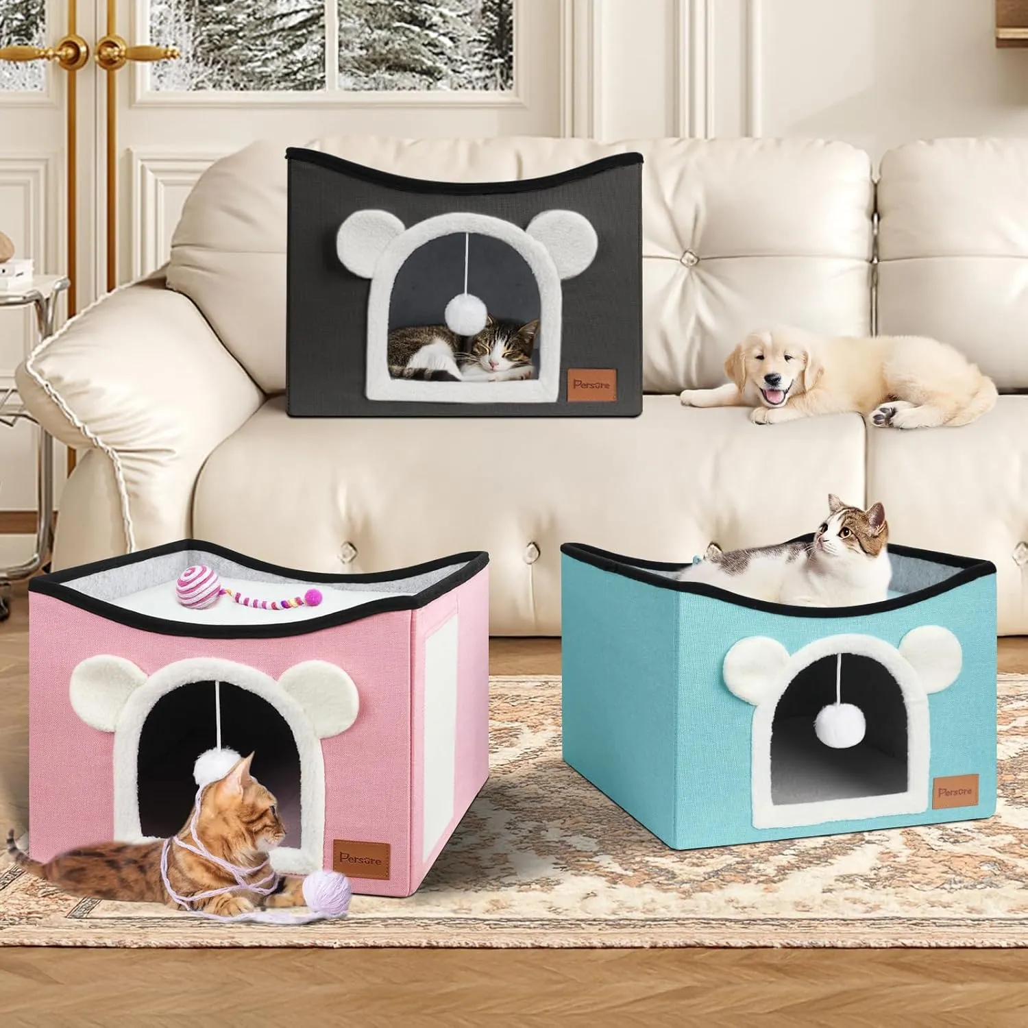 Cat House Cat Beds for Indoor Cats Large Foldable Multifunction Cat Cave for Pet with Hover Ball and Scratching Board(Pink, Large Cat House)