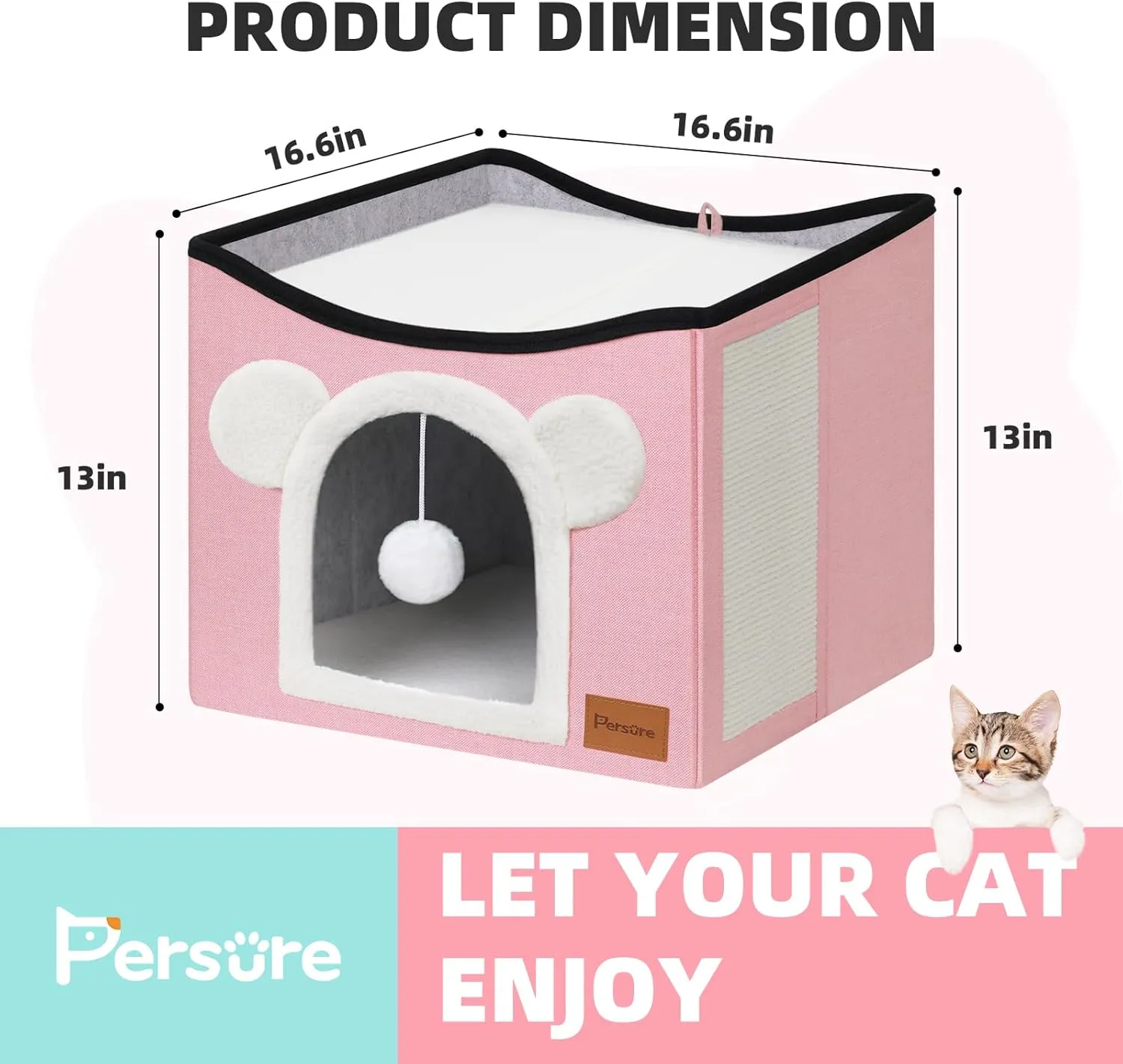 Cat House Cat Beds for Indoor Cats Large Foldable Multifunction Cat Cave for Pet with Hover Ball and Scratching Board(Pink, Large Cat House)