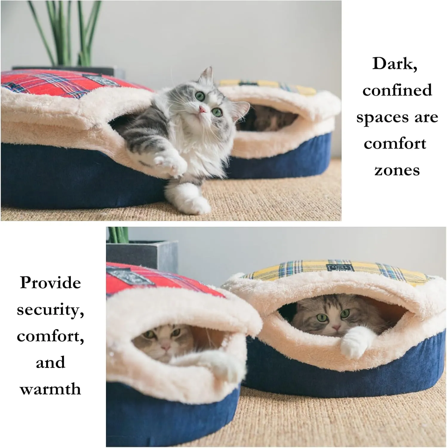 Cat Plaid Cave Bed, Plush Warm Calming Hideaway Nest with Detachable Lid & Mat, Snug Enclosed House for Indoor Kitten (Snow)