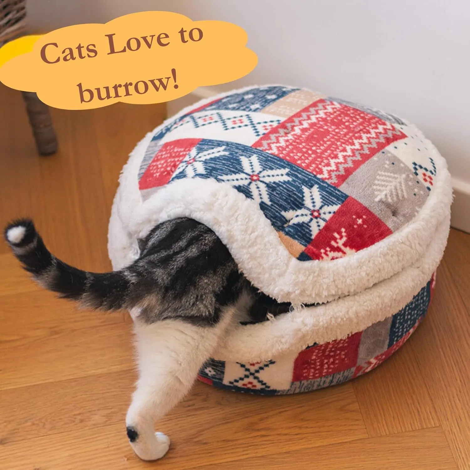 Cat Plaid Cave Bed, Plush Warm Calming Hideaway Nest with Detachable Lid & Mat, Snug Enclosed House for Indoor Kitten (Snow)