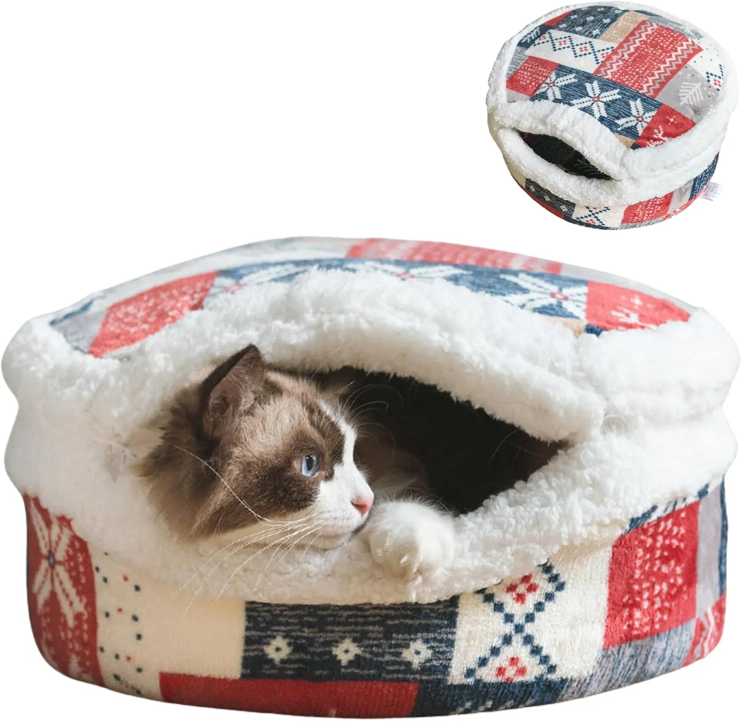 Cat Plaid Cave Bed, Plush Warm Calming Hideaway Nest with Detachable Lid & Mat, Snug Enclosed House for Indoor Kitten (Snow)