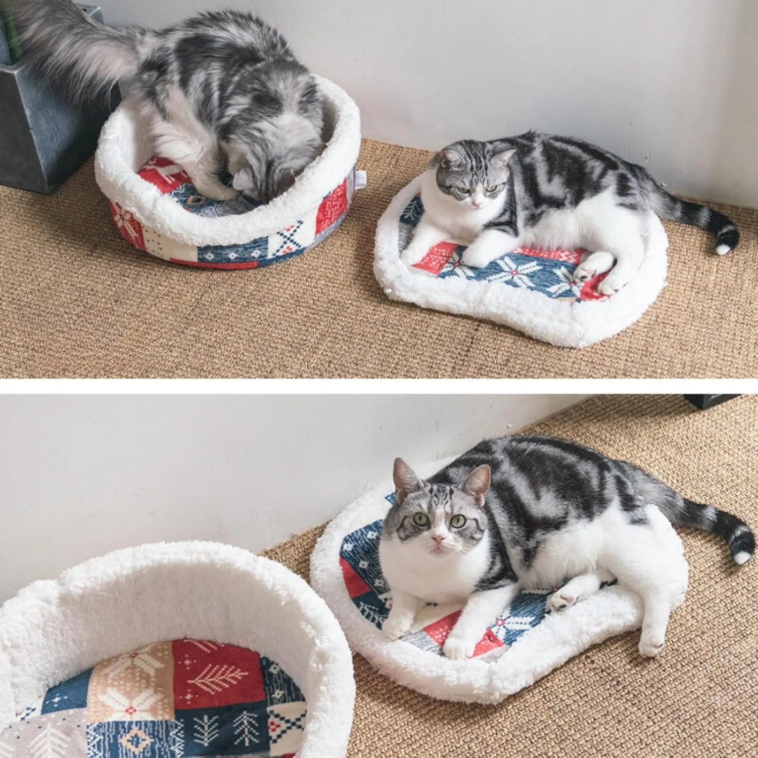 Cat Plaid Cave Bed, Plush Warm Calming Hideaway Nest with Detachable Lid & Mat, Snug Enclosed House for Indoor Kitten (Snow)