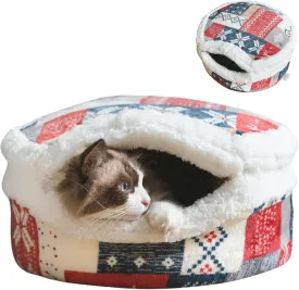 Cat Plaid Cave Bed, Plush Warm Calming Hideaway Nest with Detachable Lid & Mat, Snug Enclosed House for Indoor Kitten (Snow)