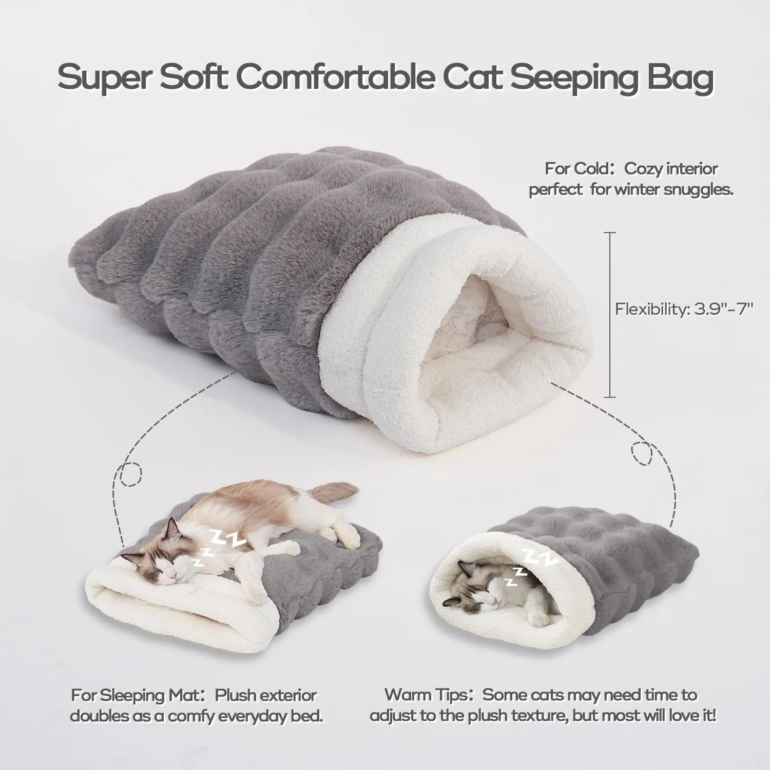 Cat Sleeping Bag 4 in 1 Function Snuggle Bag Blanket Mat Cozy Soft Warm & Washable (Small Cats) Cave Grey 21  17 Inch