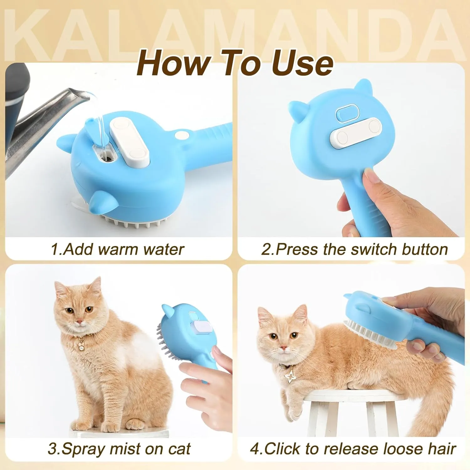 Cat Steam Brush for Shedding, 4 in 1 Steamy Cat Comb with Handle, Rubber Pet Misting Brush with Release Button for Indoor Kittens Small Animals(Blue)