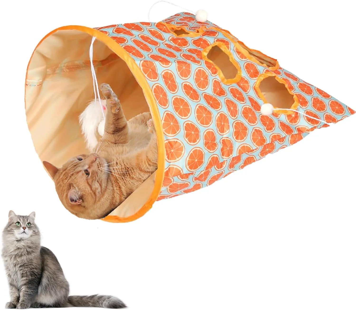 Cat Tunnel Bag for Indoor Cats, Foldable Pet Tunnel Crinkle Sack Bag with a Little Mouse & 3 Toy Ball, Portable Crinkle Paper Interactive Hide and Seek Cat Toys(Orange)