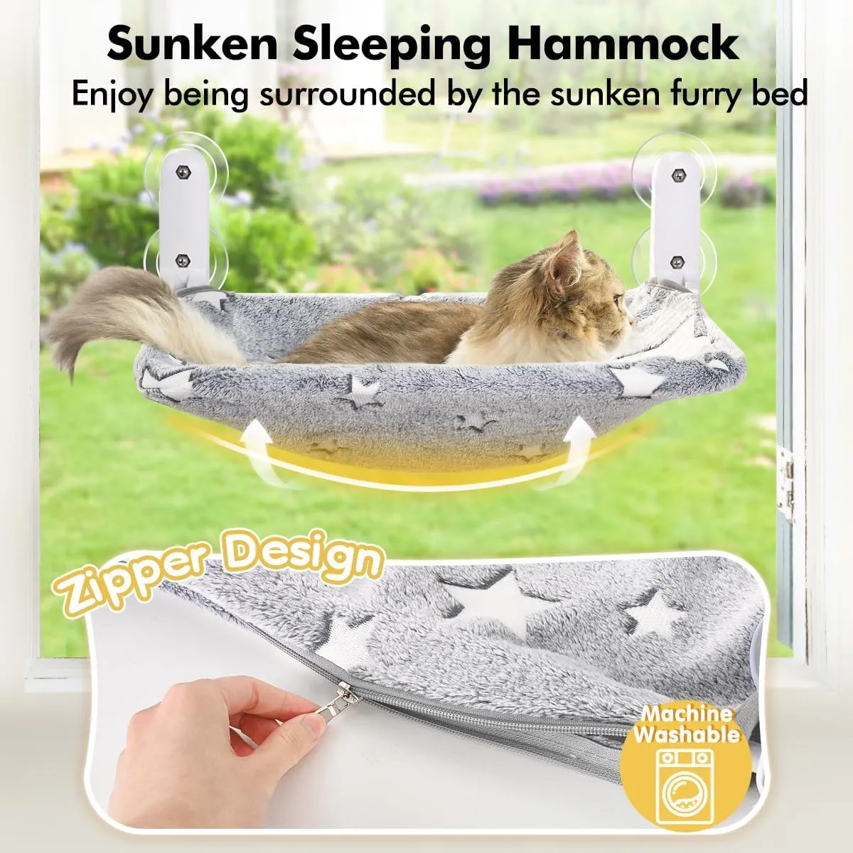 Cat Window Perch, Glow in The Dark Cordless Foldable Pet Hammock Bed for Window with Sturdy Metal Frame, Glowing Stars Pattern Resting Seat for Indoor Cats (Cat Bed - Stars)
