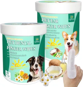 Cleaning Wipes Finger for Teeth and Ear - 120 Count Cleaner Finger Wipes For Dog and Cat, Dental Ear Care Wipes, Hypoallergenic Dog Wipes to Remove Plaque Tartar, Relieve Ear Itching and Inflammation