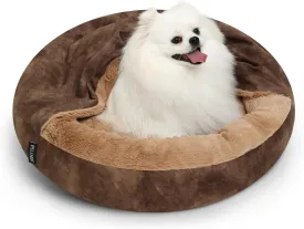 Cozy Soft Dog Bed with Hooded Blanket Warm Calming Cat Cave for Small Medium Dogs and Cats, Non-Slip Bottom & Machine Washable Pet Beds, Chocolate Brown 23x23x6