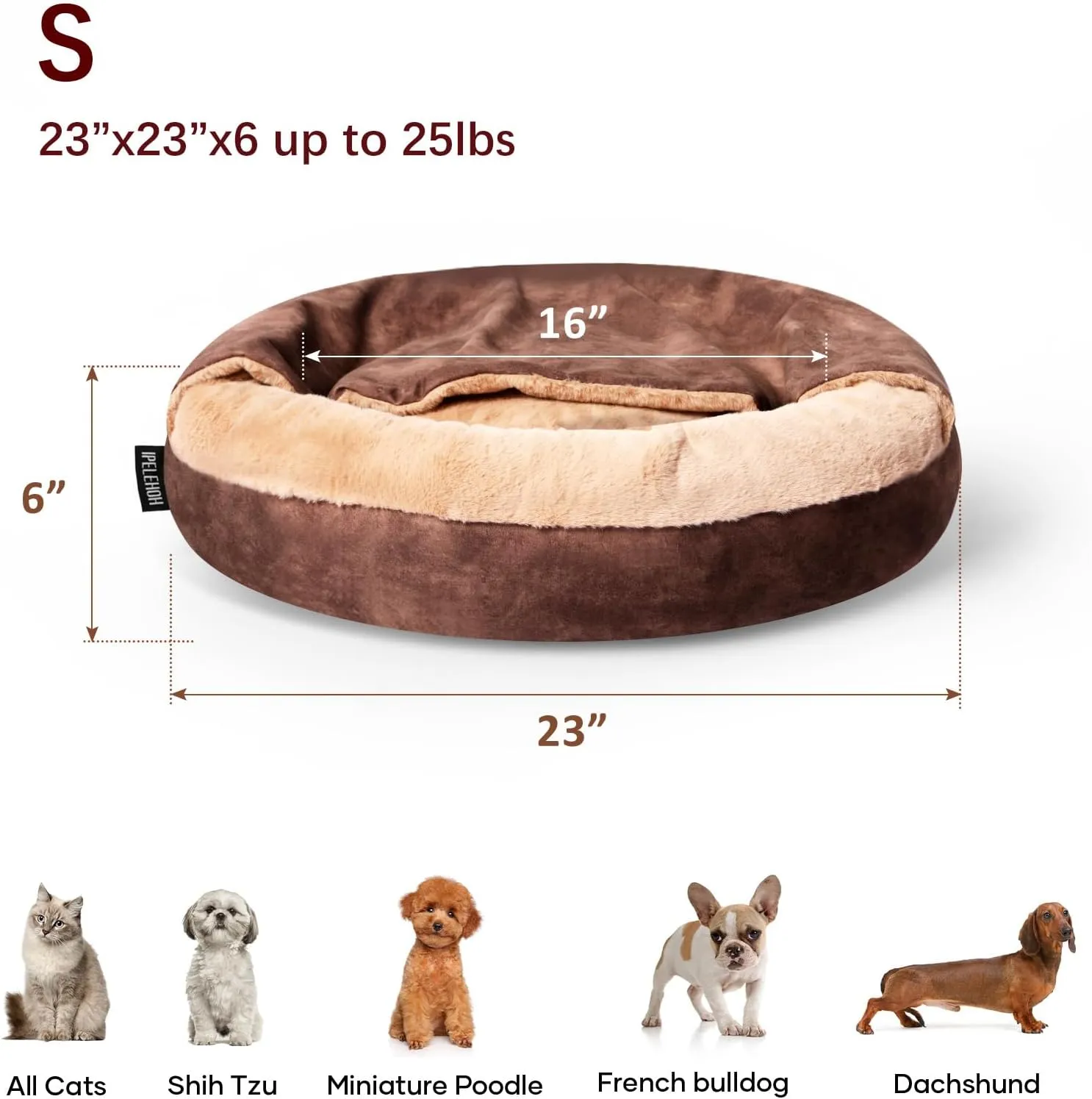 Cozy Soft Dog Bed with Hooded Blanket Warm Calming Cat Cave for Small Medium Dogs and Cats, Non-Slip Bottom & Machine Washable Pet Beds, Chocolate Brown 23x23x6